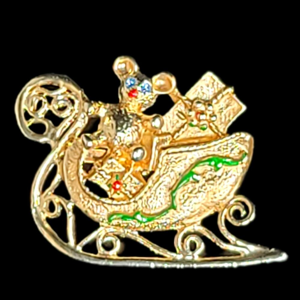 Gold Tone Christmas Santa Sleigh Teddy Bear Rhinestone Brooch Pin Holiday Vtg